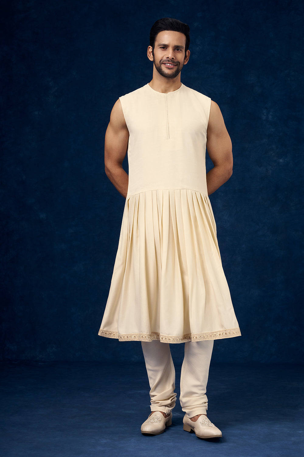 Cream Raw Silk Embroidered Groom Sherwani with Zardosi Handwork