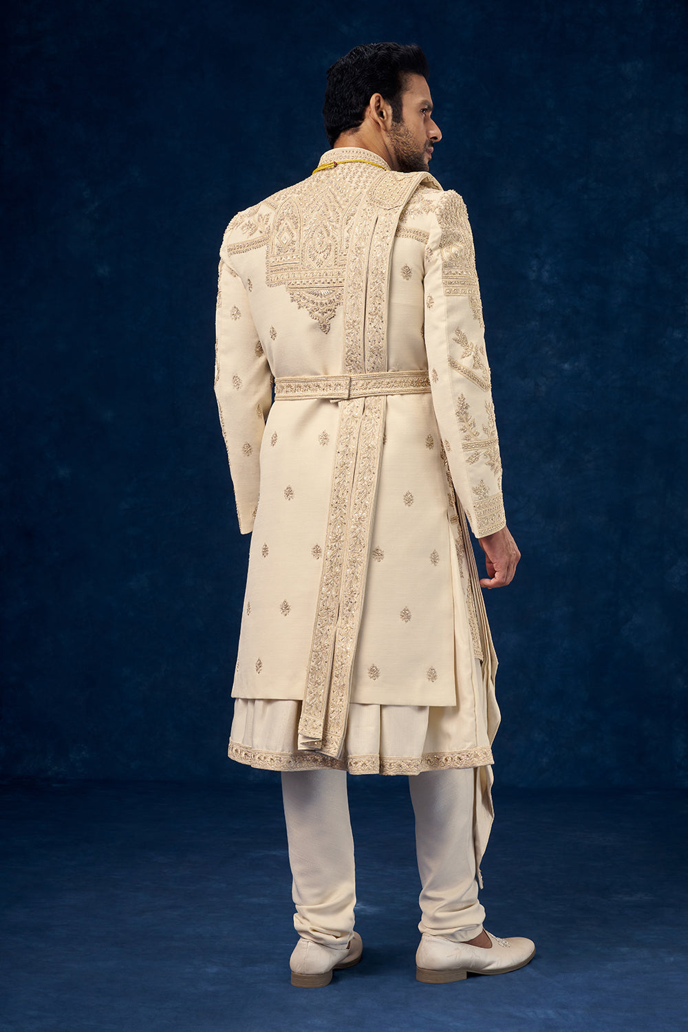 Cream Raw Silk Embroidered Groom Sherwani with Zardosi Handwork