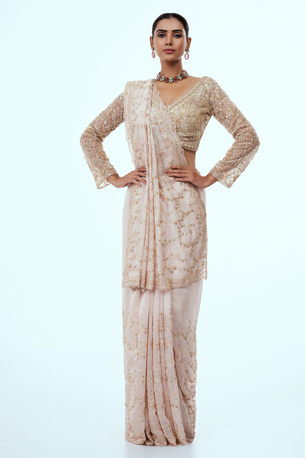 Cream Satin Organza Embellished Saree with Cutdana Work