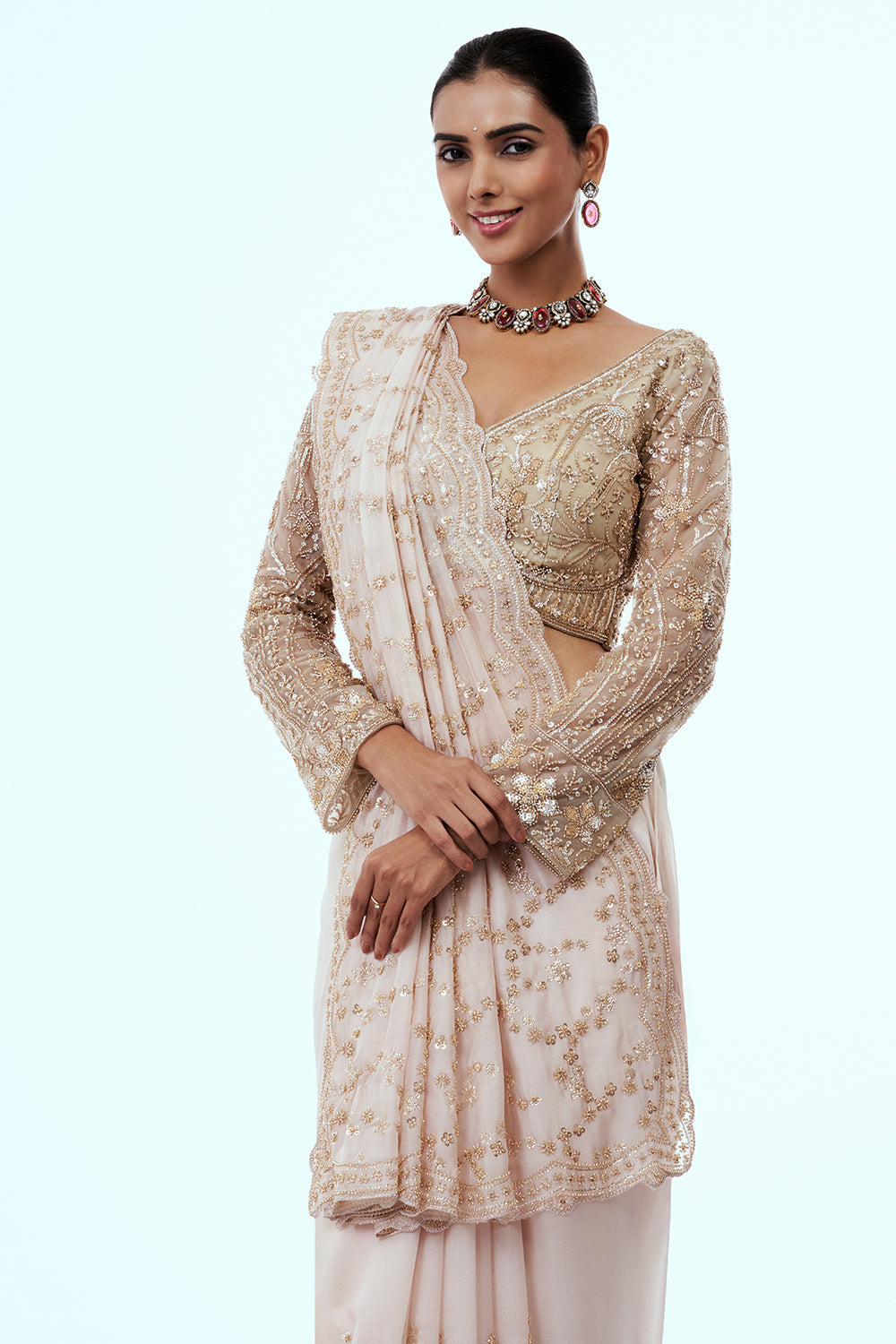 Cream Satin Organza Embellished Saree with Cutdana Work