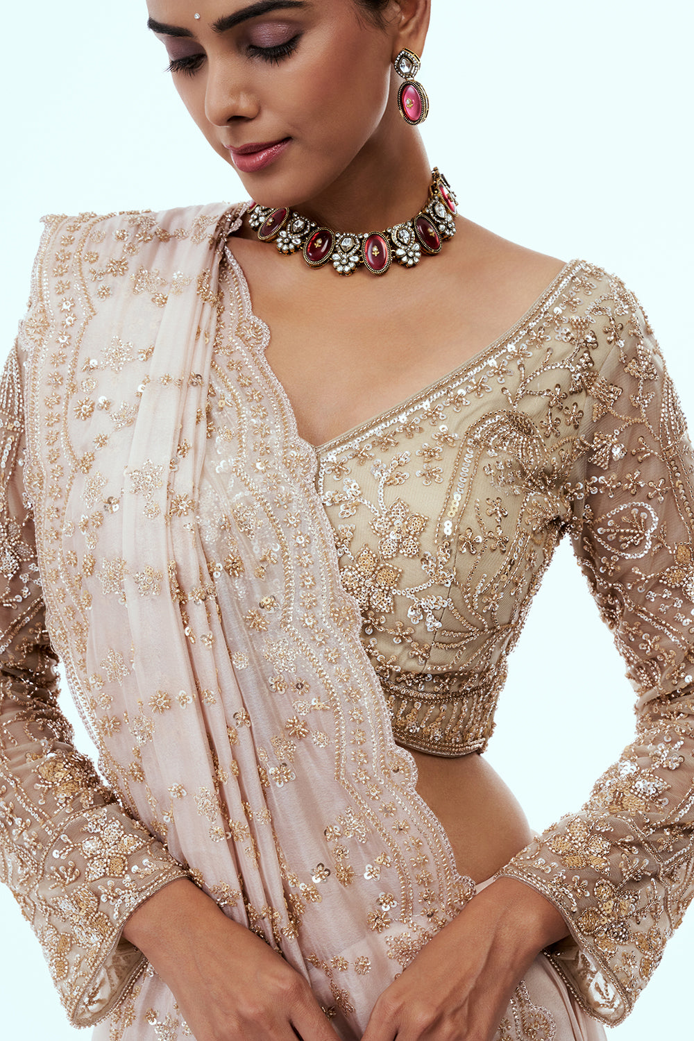 Cream Satin Organza Embellished Saree with Cutdana Work