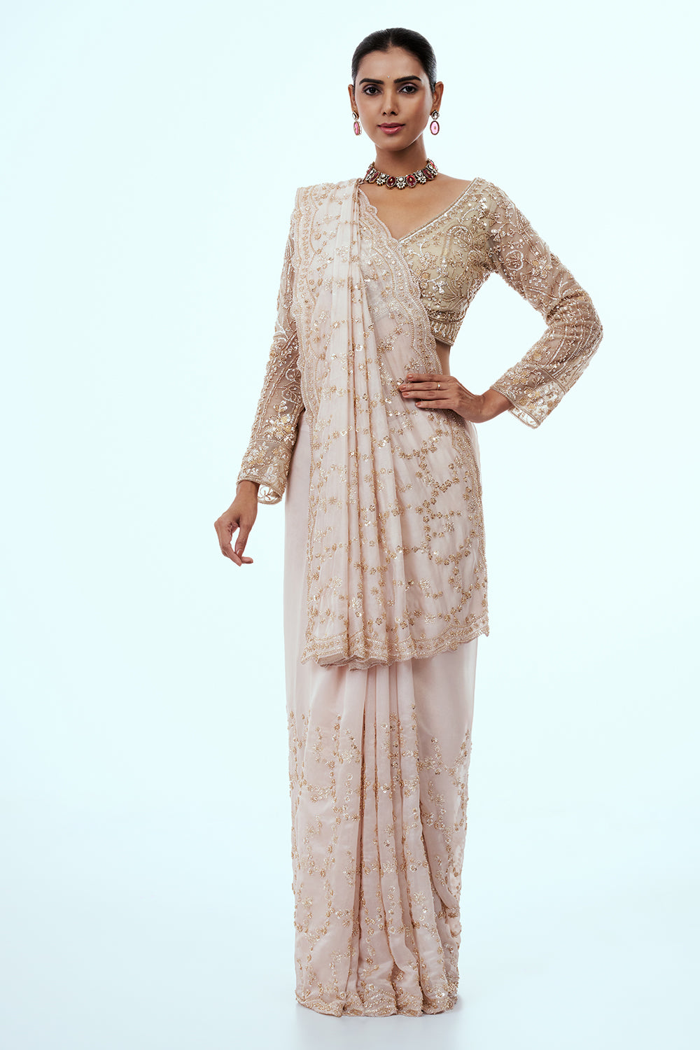 Cream Satin Organza Embellished Saree with Cutdana Work