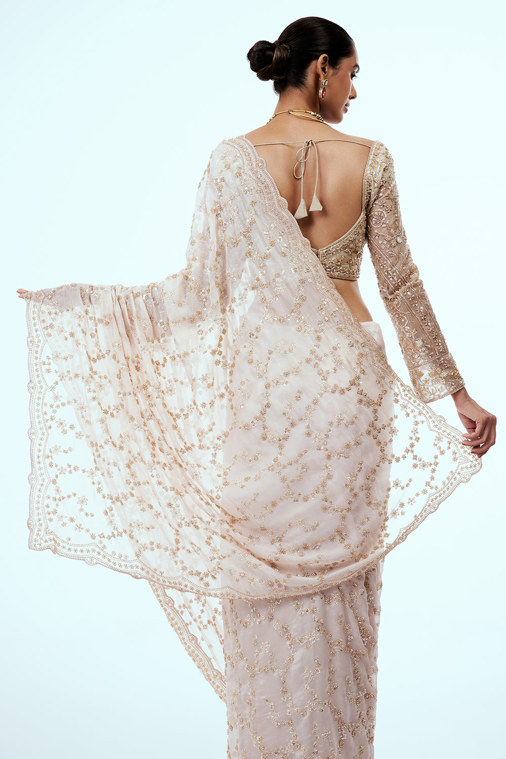 Cream Satin Organza Embellished Saree with Cutdana Work