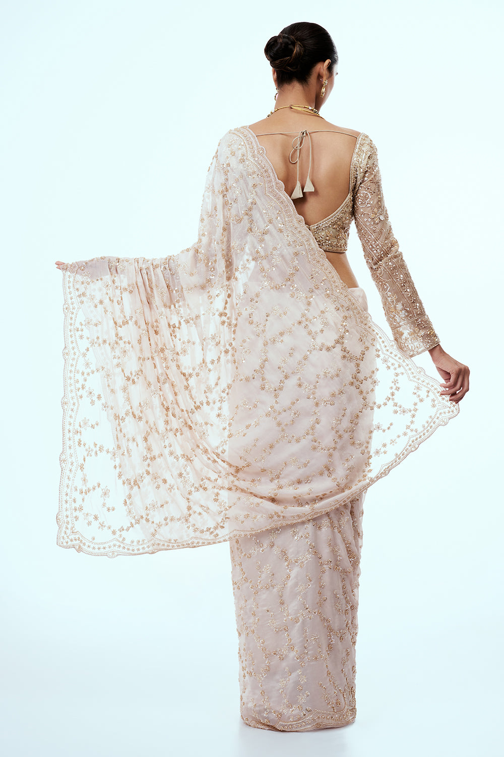 Cream Satin Organza Embellished Saree with Cutdana Work