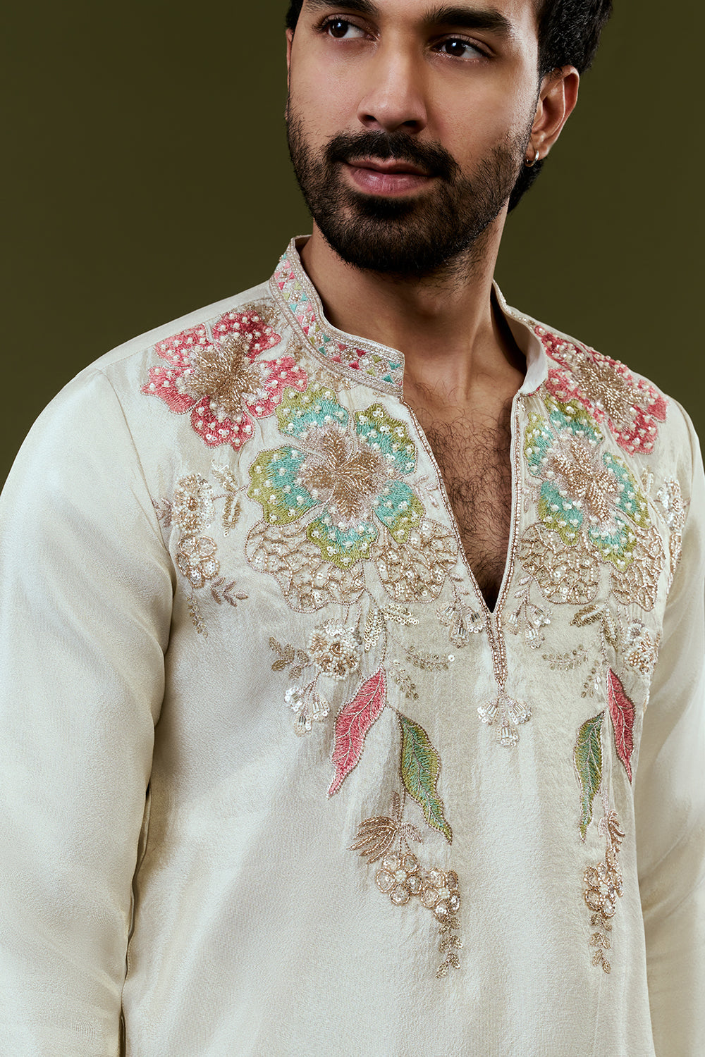 Cream Short Kurta with Floral Multicoloured Threadwork