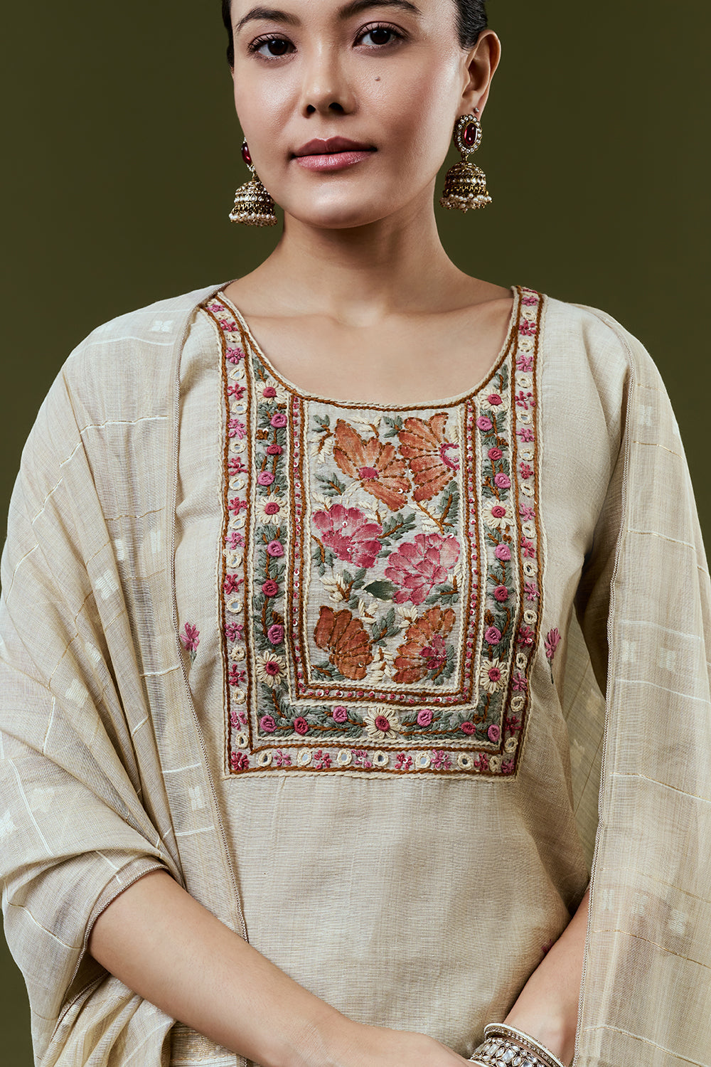 Cream Silk Suit Set With French Knot and Embroidery Work