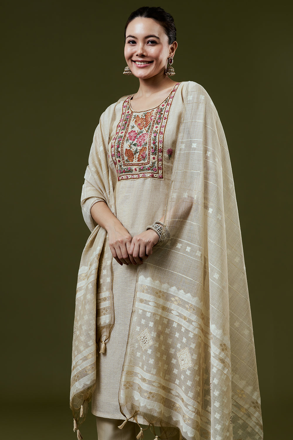 Cream Silk Suit Set With French Knot and Embroidery Work