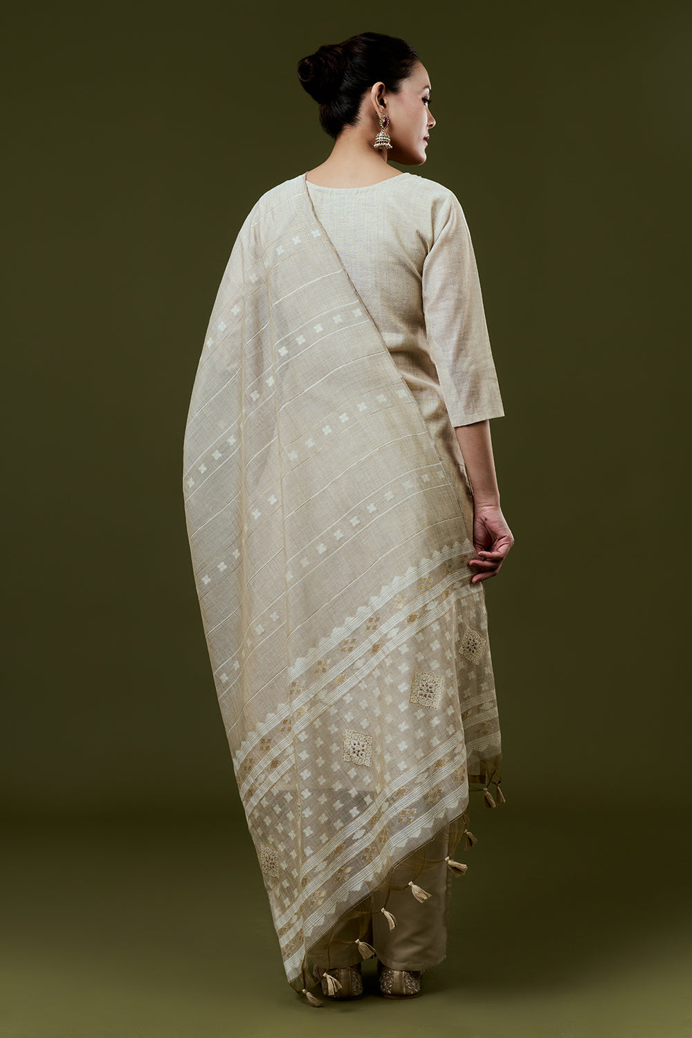 Cream Silk Suit Set With French Knot and Embroidery Work