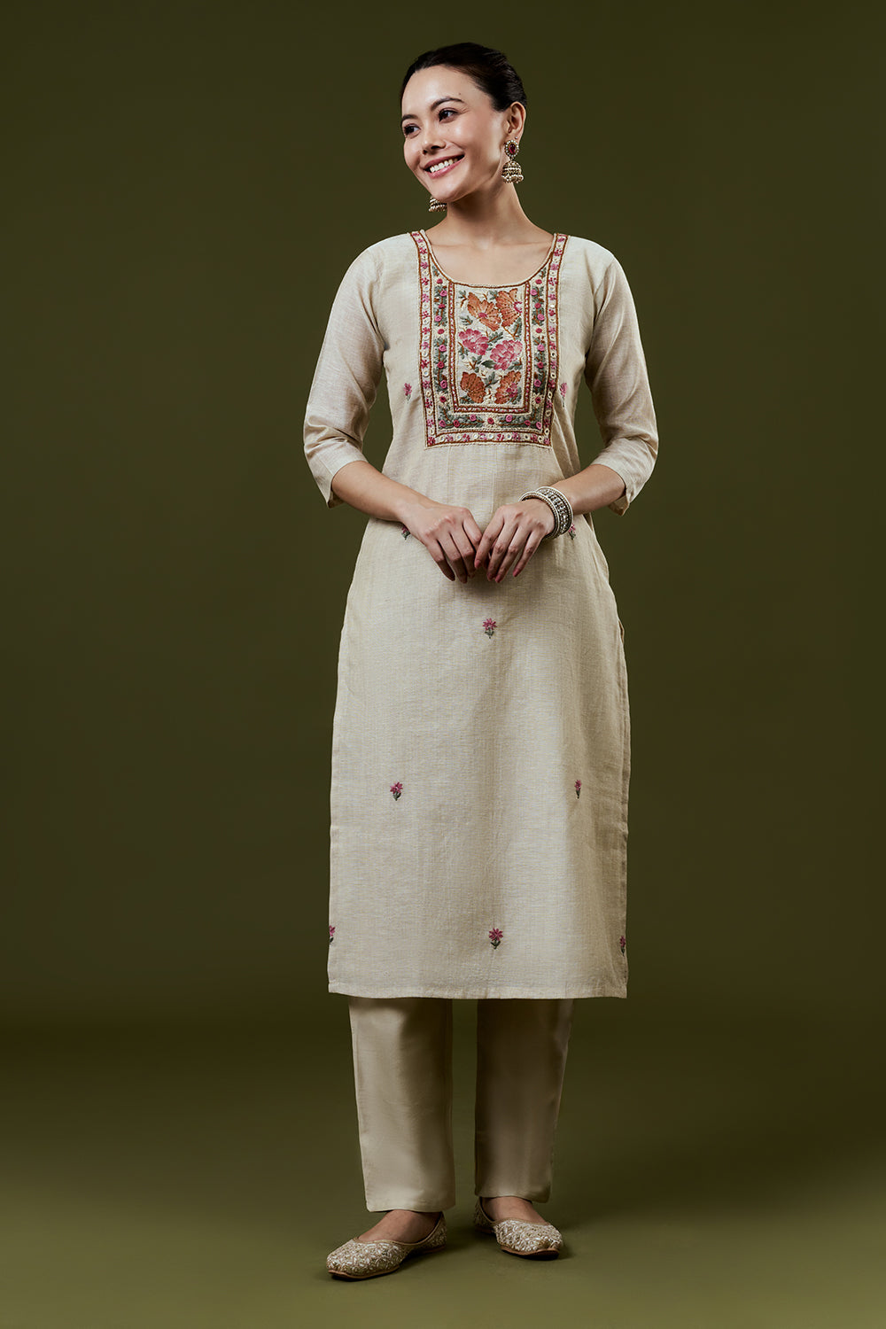 Cream Silk Suit Set With French Knot and Embroidery Work