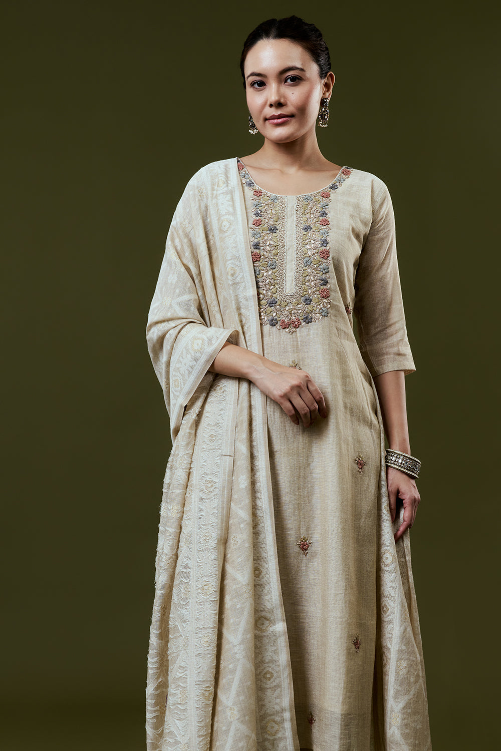 Cream Silk Suit Set With French Knot and Gotta Work
