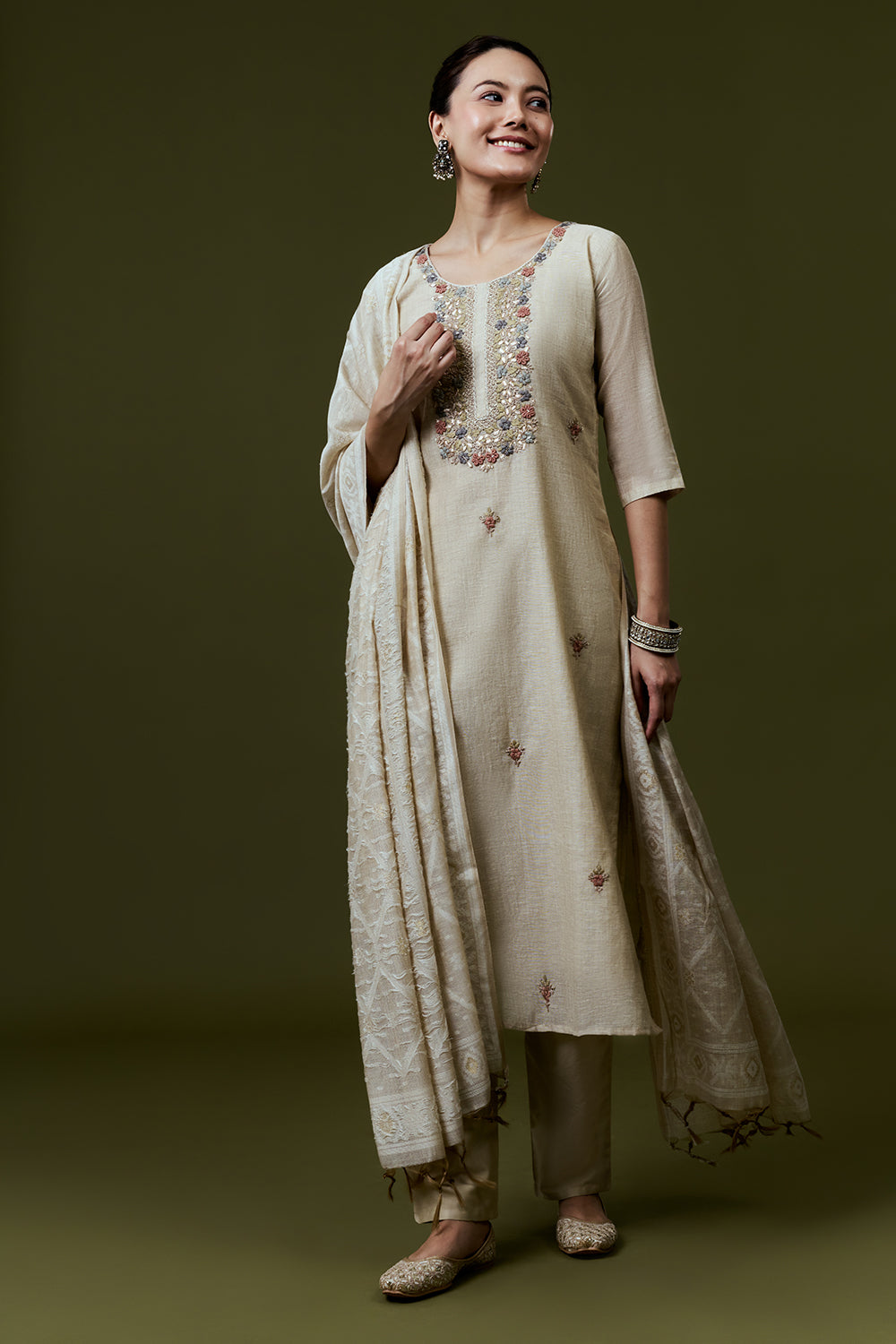 Cream Silk Suit Set With French Knot and Gotta Work