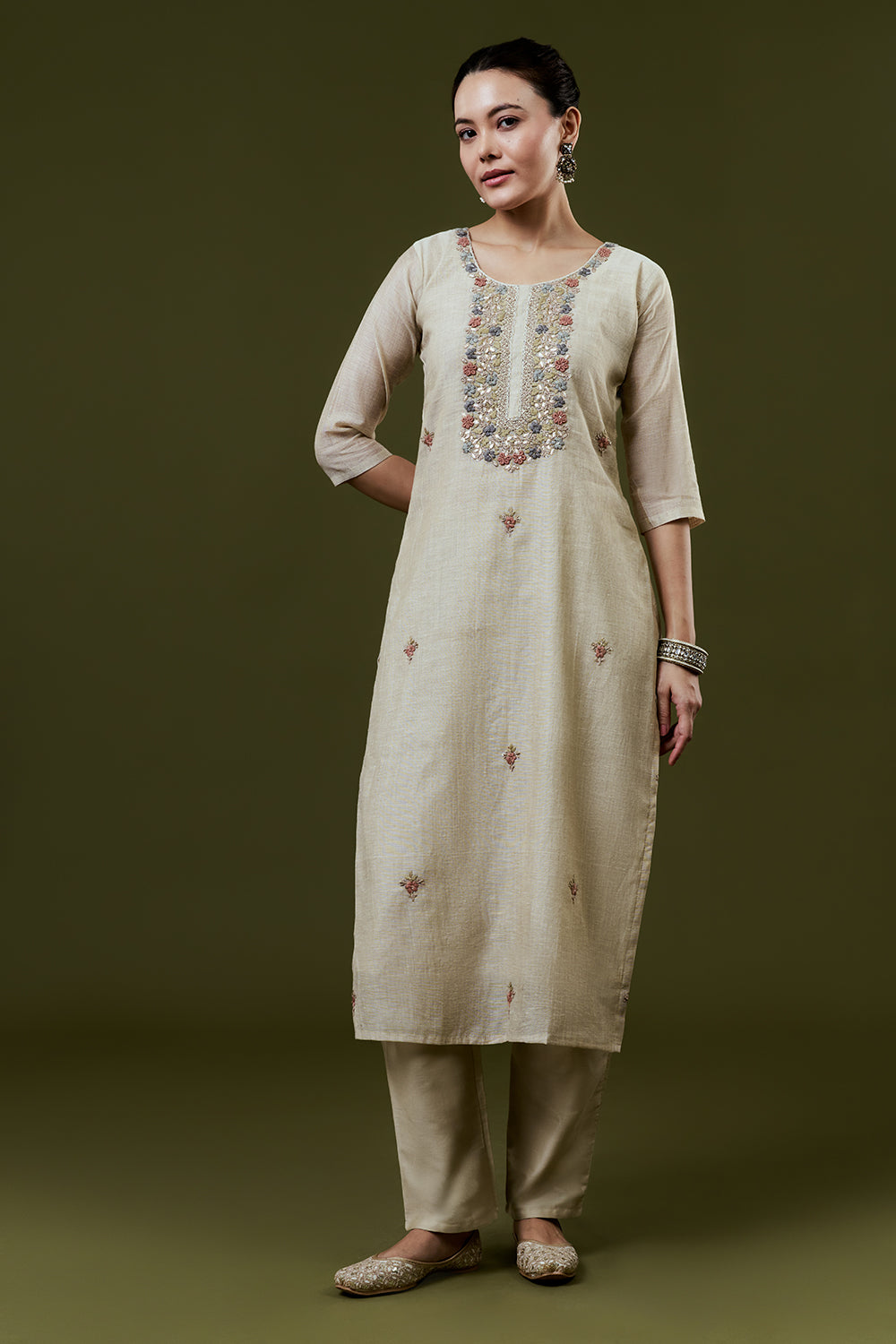 Cream Silk Suit Set With French Knot and Gotta Work