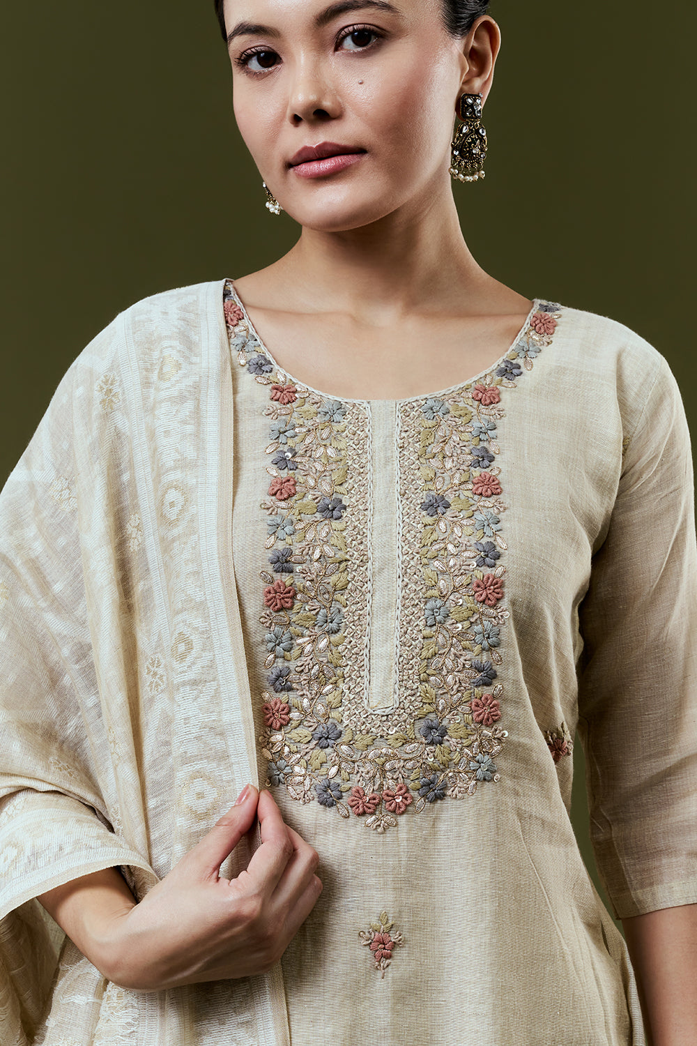 Cream Silk Suit Set With French Knot and Gotta Work