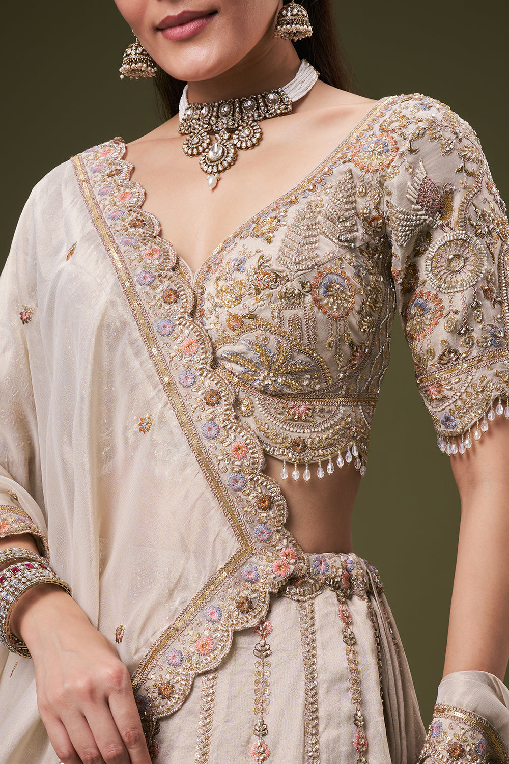 Cream Tissue Bridesmaid Lehenga with Resham and Sequin Work