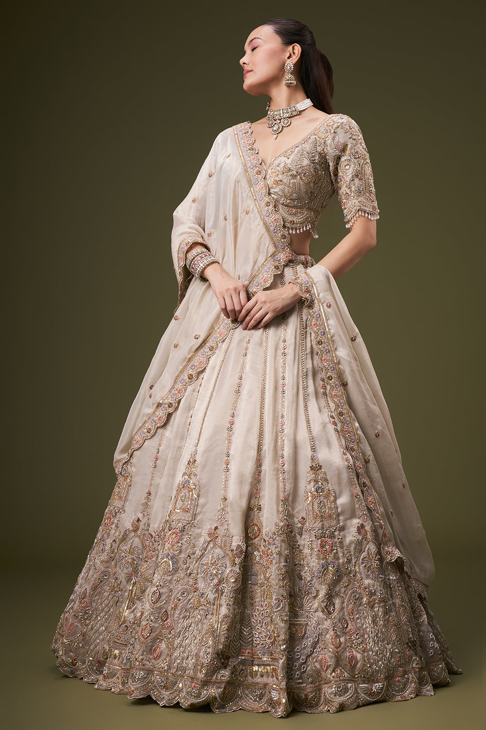 Cream Tissue Bridesmaid Lehenga with Resham and Sequin Work