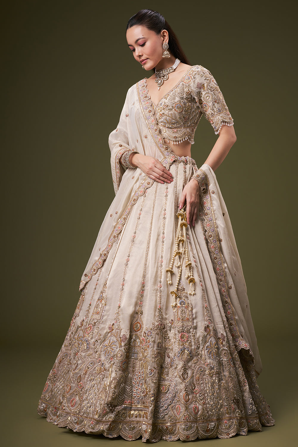 Cream Tissue Bridesmaid Lehenga with Resham and Sequin Work
