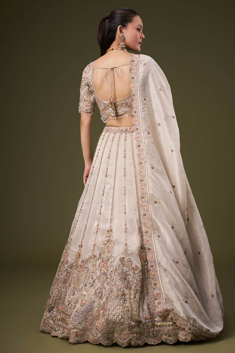 Cream Tissue Bridesmaid Lehenga with Resham and Sequin Work