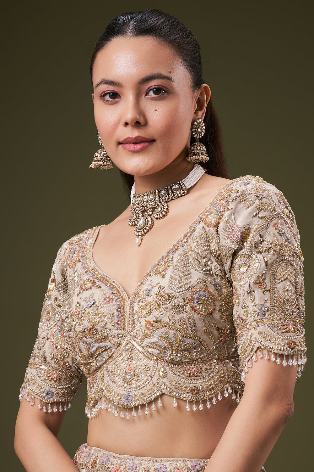 Cream Tissue Bridesmaid Lehenga with Resham and Sequin Work