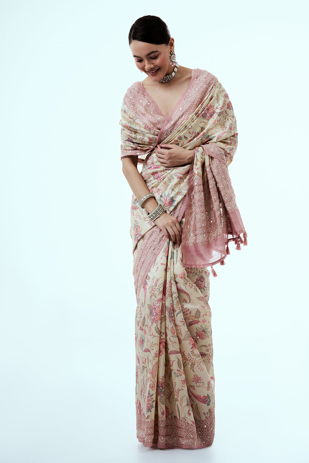 Cream Tussar Silk Saree with Floral Print