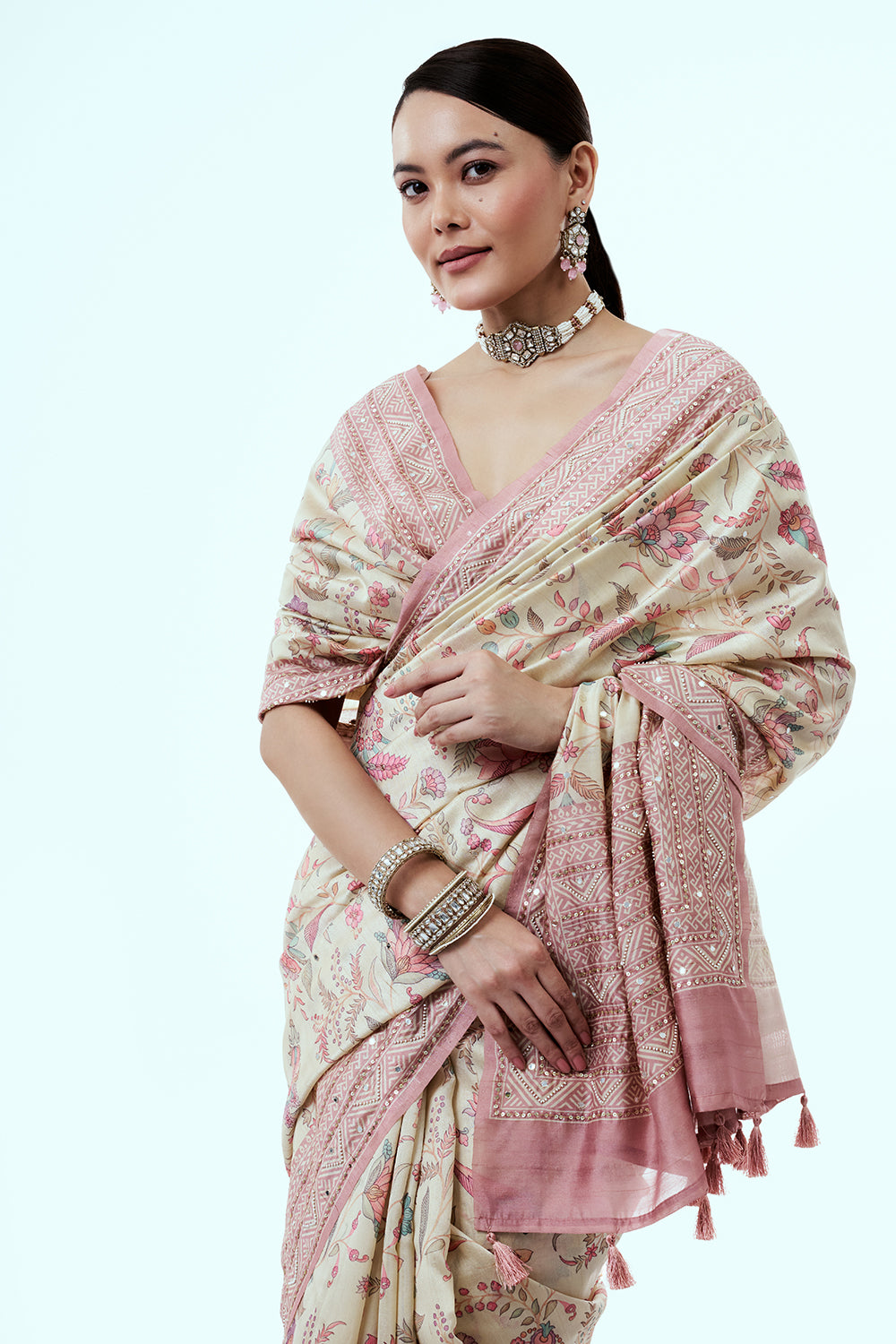 Cream Tussar Silk Saree with Floral Print