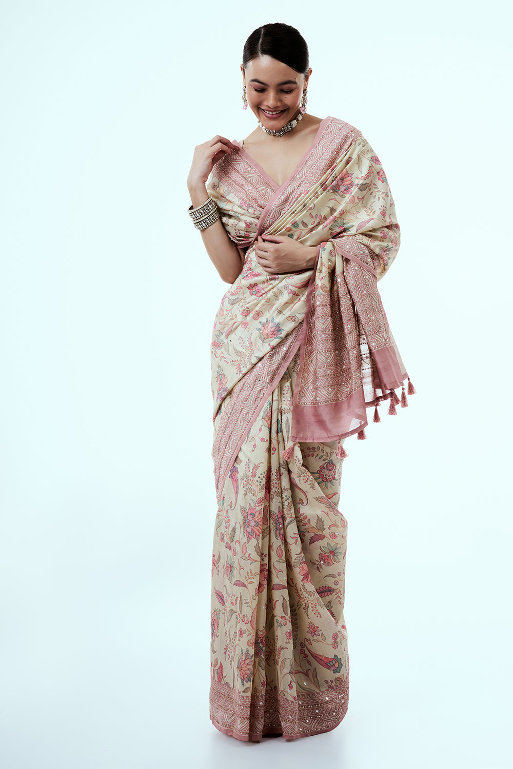 Cream Tussar Silk Saree with Floral Print