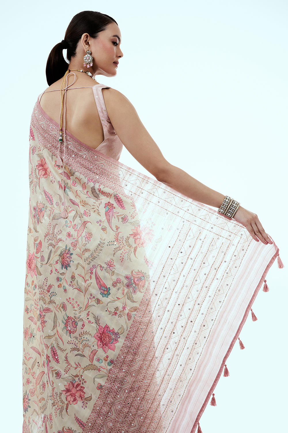 Cream Tussar Silk Saree with Floral Print