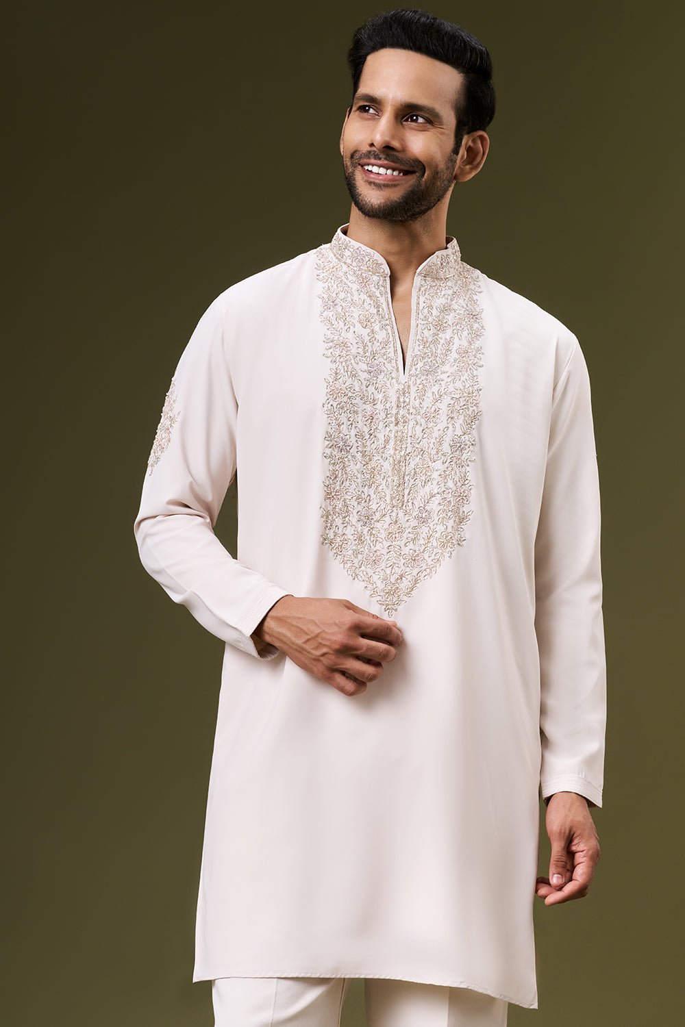 Cream White Georgette Mens Kurta Set with Pittan and Bead Work