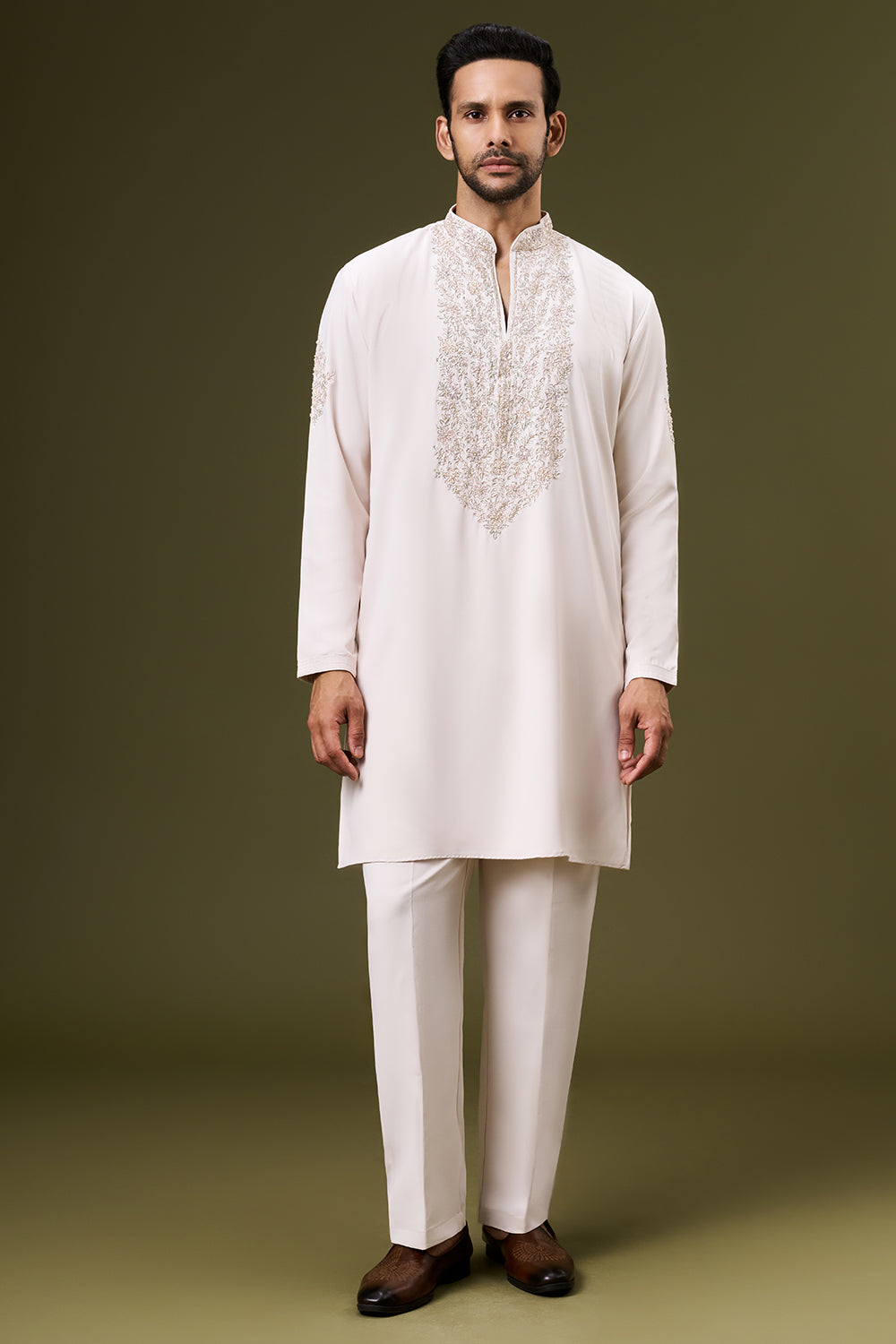 Cream White Georgette Mens Kurta Set with Pittan and Bead Work