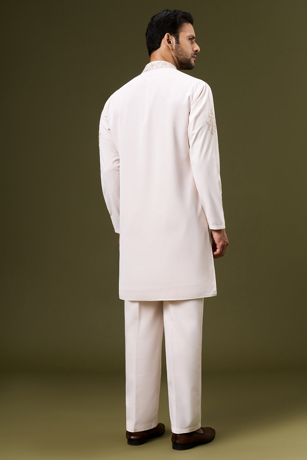 Cream White Georgette Mens Kurta Set with Pittan and Bead Work
