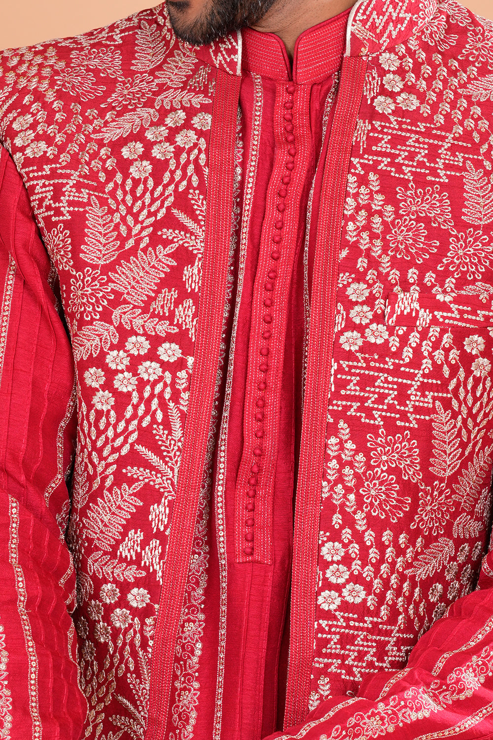 Crimson Embroidered Bundi Men's Kurta Set