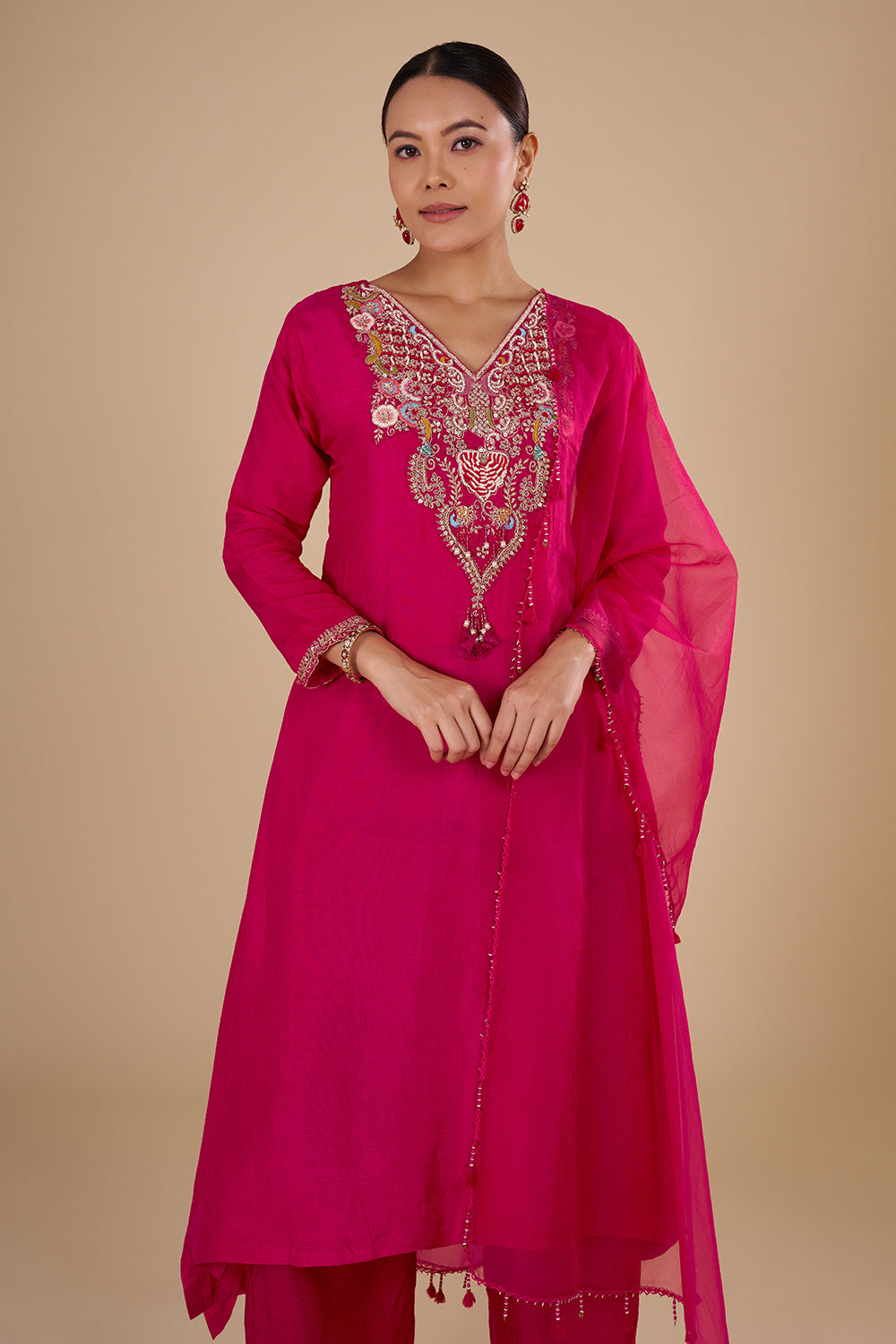 Rani Pink Silk Blend Kurta Set with Resham-Embroidered Neckline