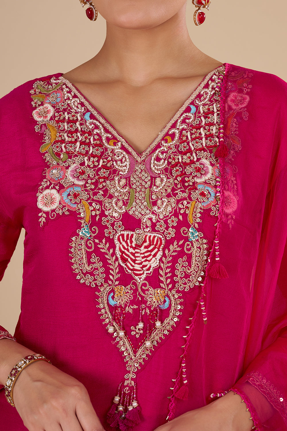 Rani Pink Silk Blend Kurta Set with Resham-Embroidered Neckline