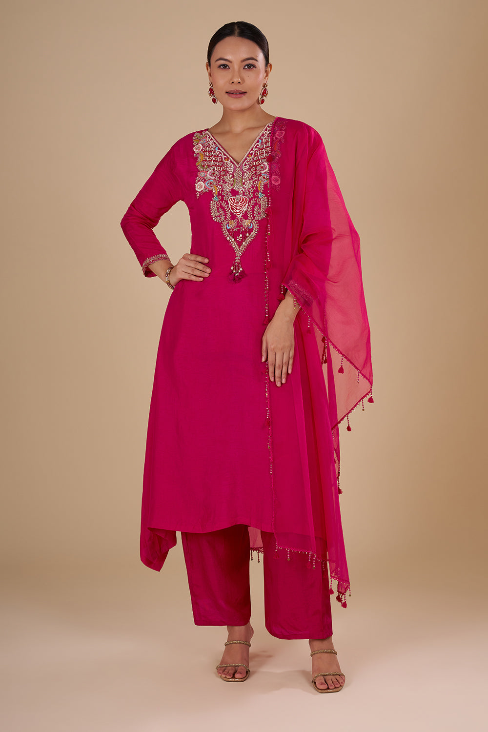 Rani Pink Silk Blend Kurta Set with Resham-Embroidered Neckline