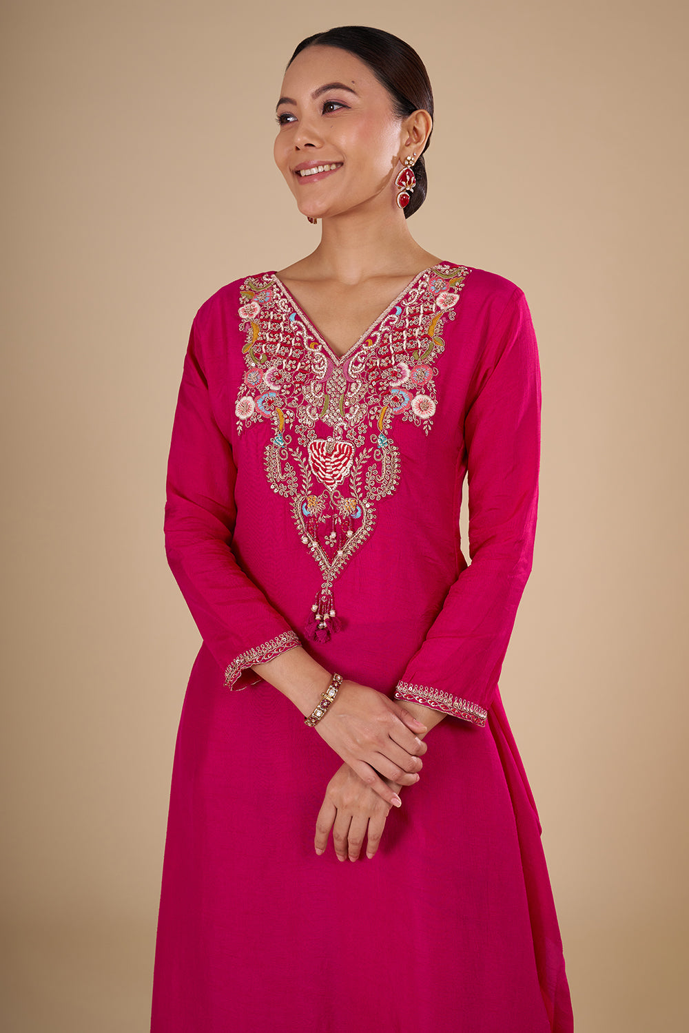 Rani Pink Silk Blend Kurta Set with Resham-Embroidered Neckline