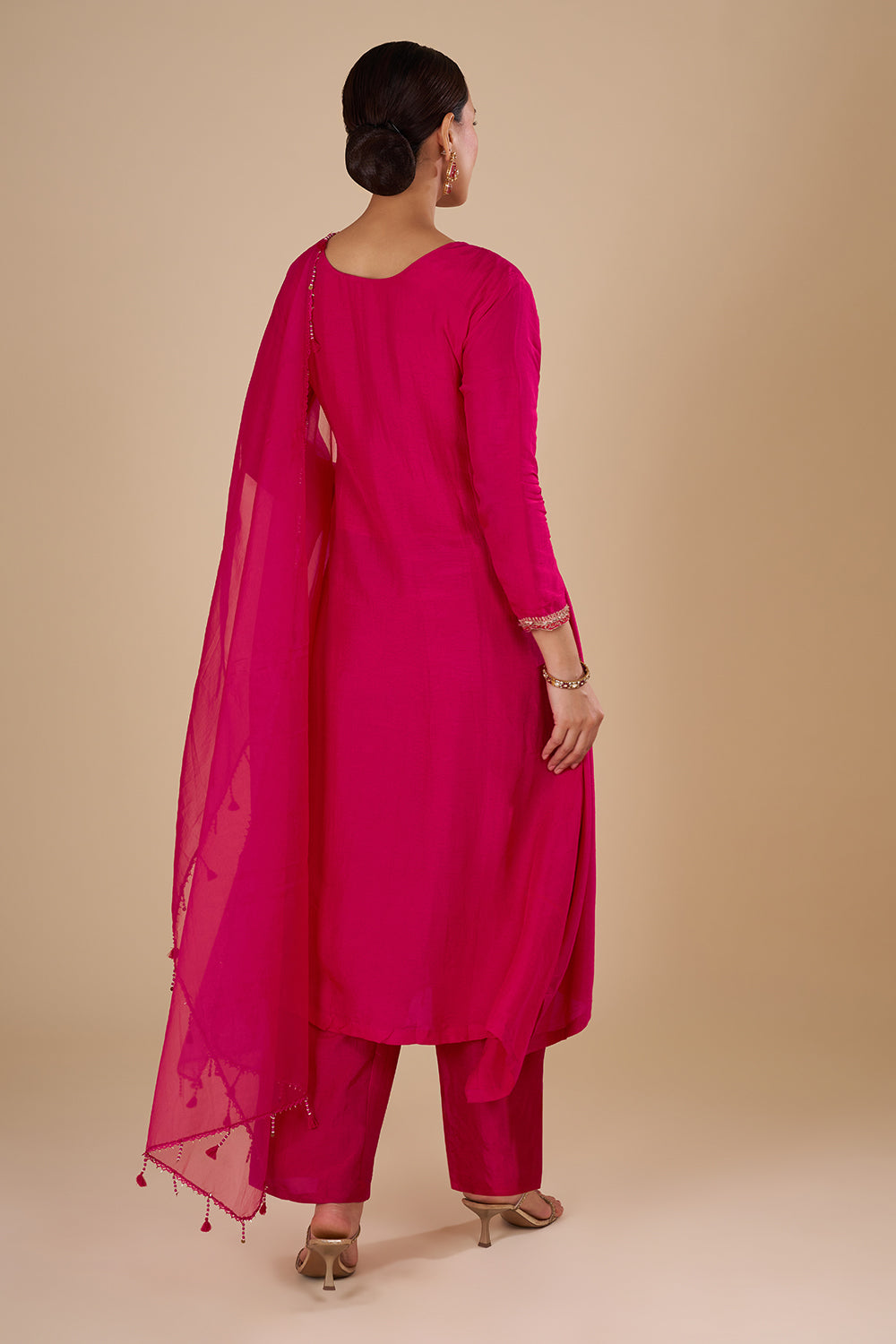 Rani Pink Silk Blend Kurta Set with Resham-Embroidered Neckline