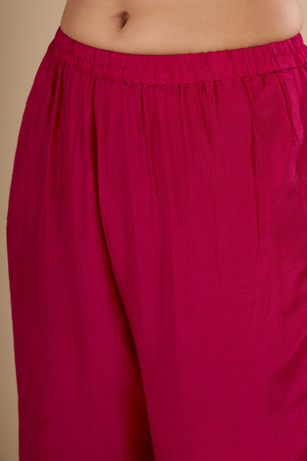 Rani Pink Silk Blend Kurta Set with Resham-Embroidered Neckline