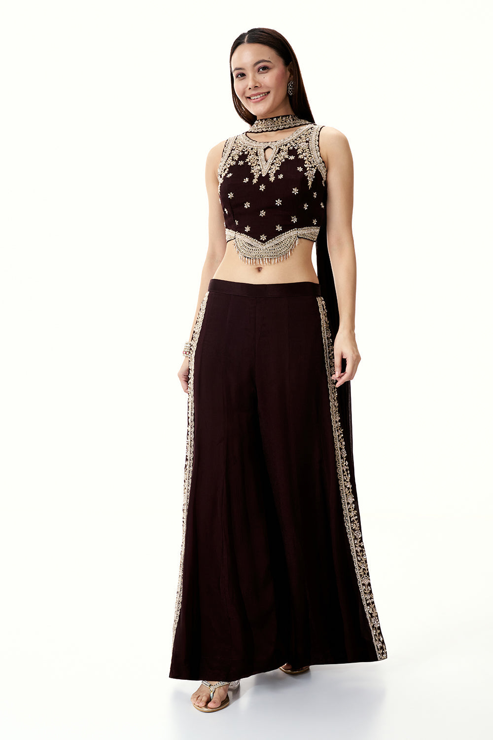 Dark Brown Crepe Set with Zari and Cutdana Work
