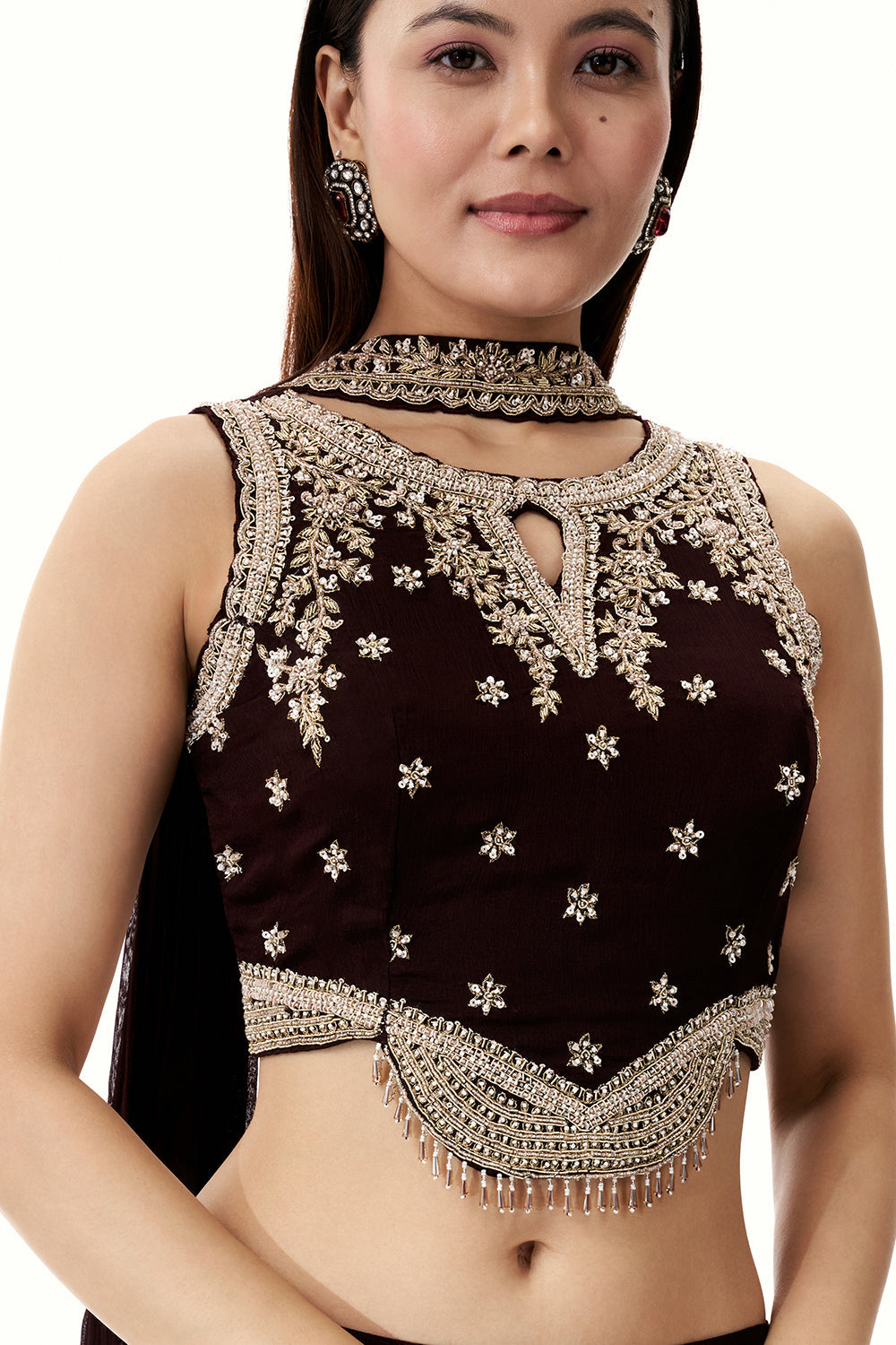 Dark Brown Crepe Set with Zari and Cutdana Work