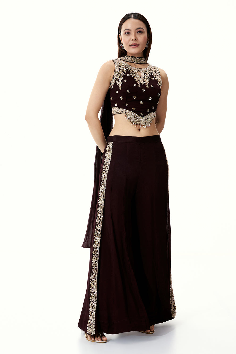 Dark Brown Crepe Set with Zari and Cutdana Work