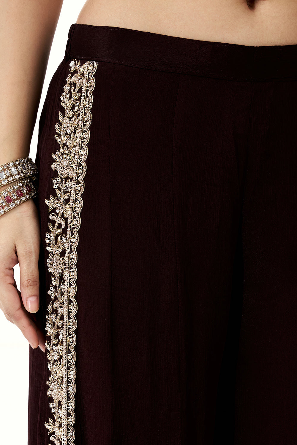 Dark Brown Crepe Set with Zari and Cutdana Work