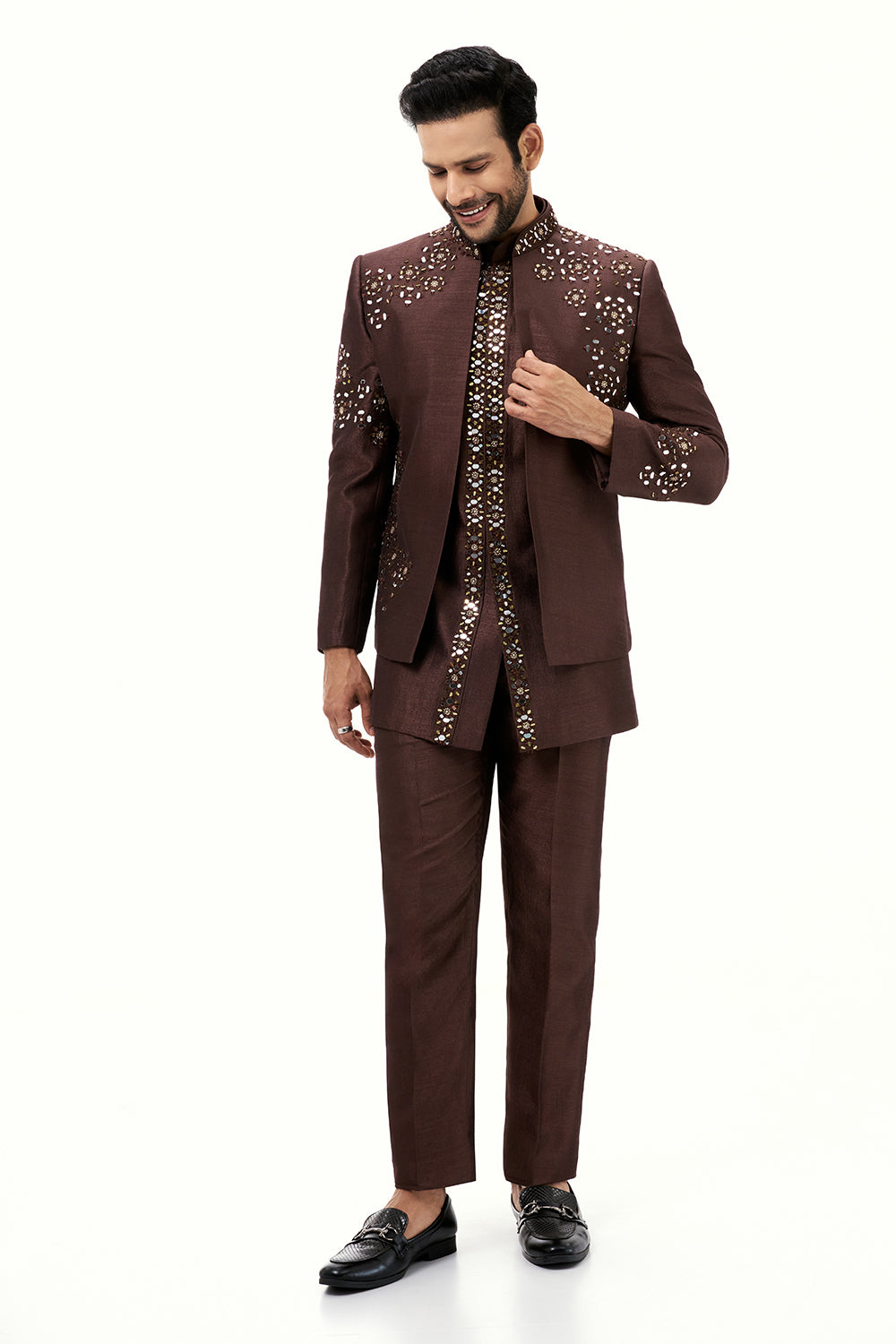 Dark Brown Raw Silk Mens Jodhpuri Set with Mirror Work