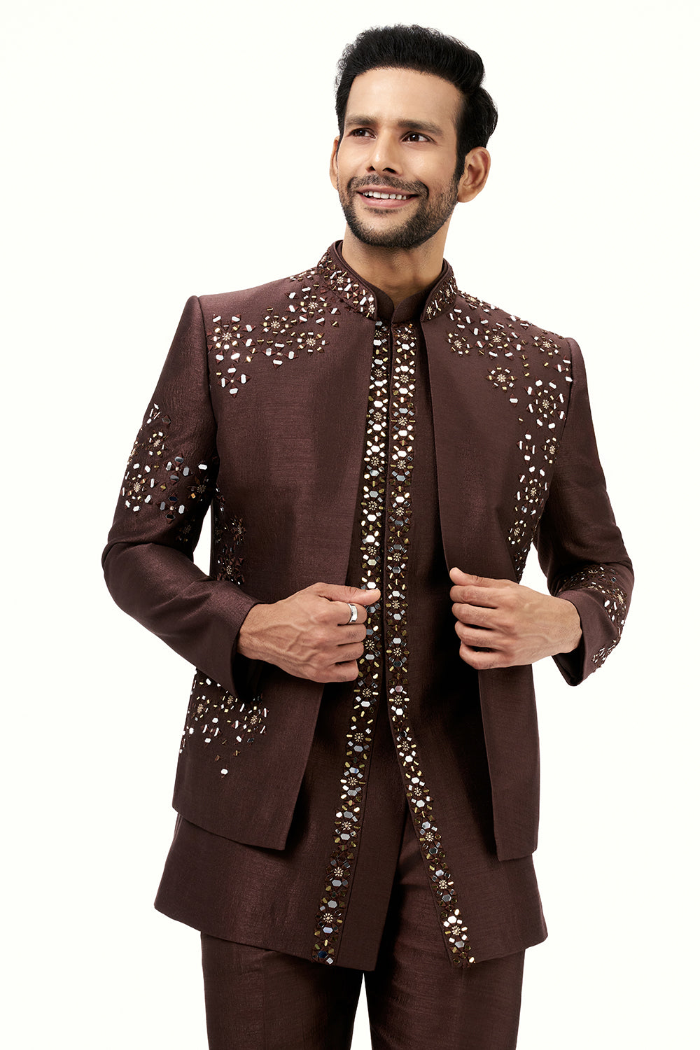 Dark Brown Raw Silk Mens Jodhpuri Set with Mirror Work