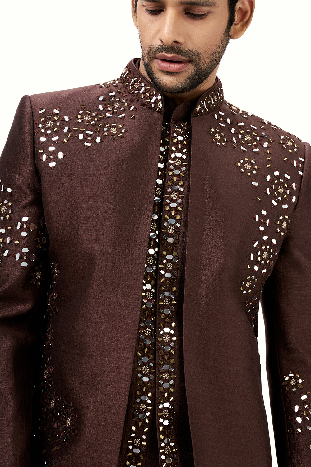 Dark Brown Raw Silk Mens Jodhpuri Set with Mirror Work