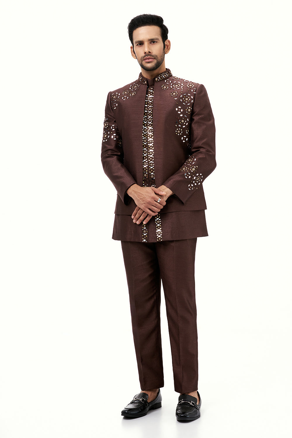 Dark Brown Raw Silk Mens Jodhpuri Set with Mirror Work
