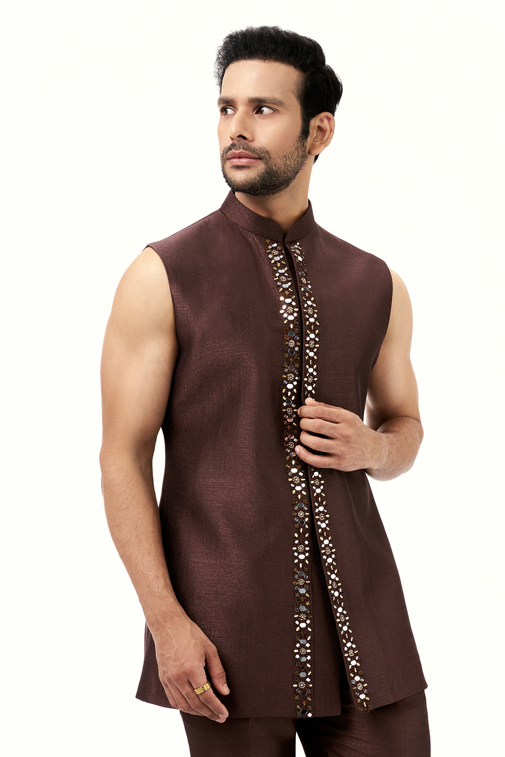 Dark Brown Raw Silk Mens Jodhpuri Set with Mirror Work