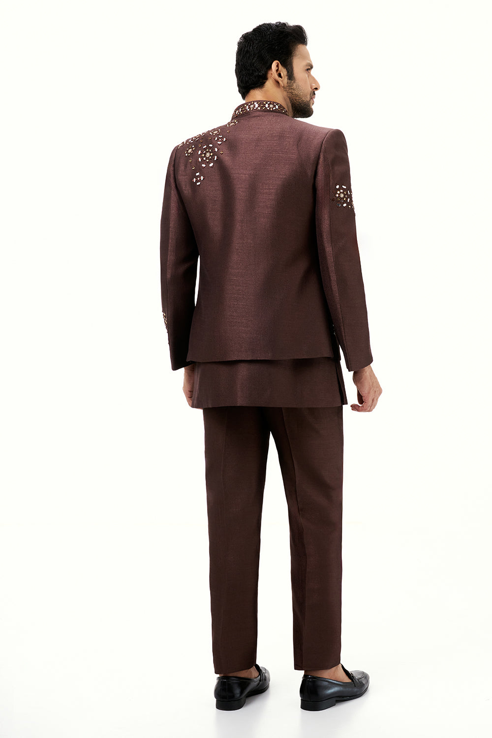 Dark Brown Raw Silk Mens Jodhpuri Set with Mirror Work