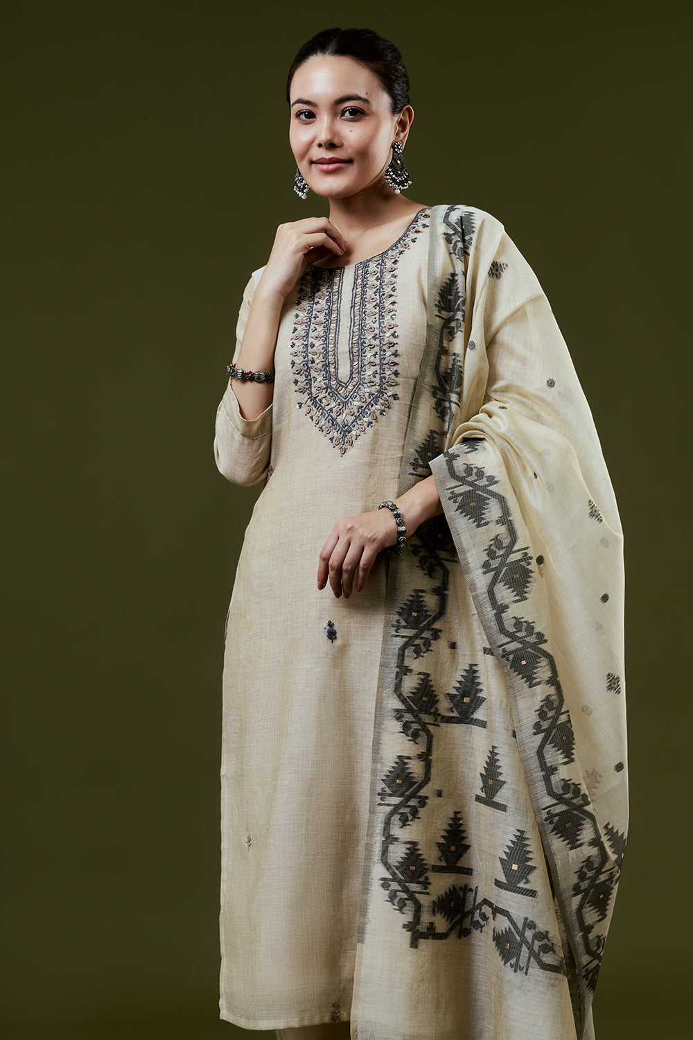 Dark Cream Khadi Silk Suit Set With French Knots Embroidery