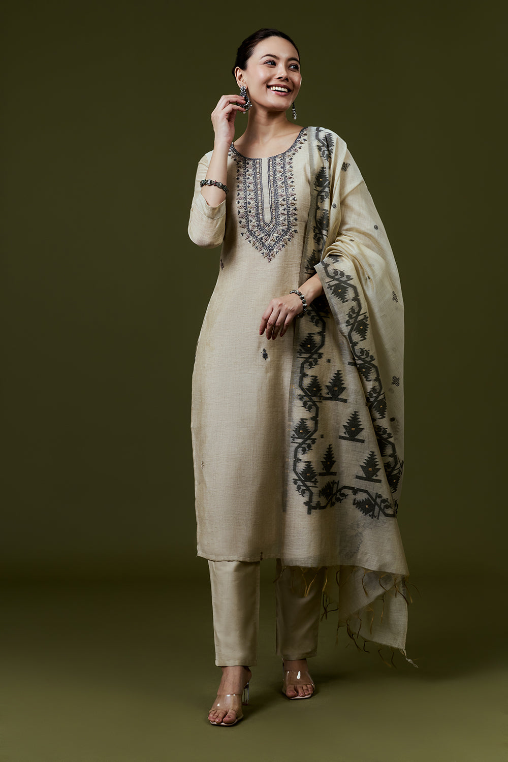 Dark Cream Khadi Silk Suit Set With French Knots Embroidery