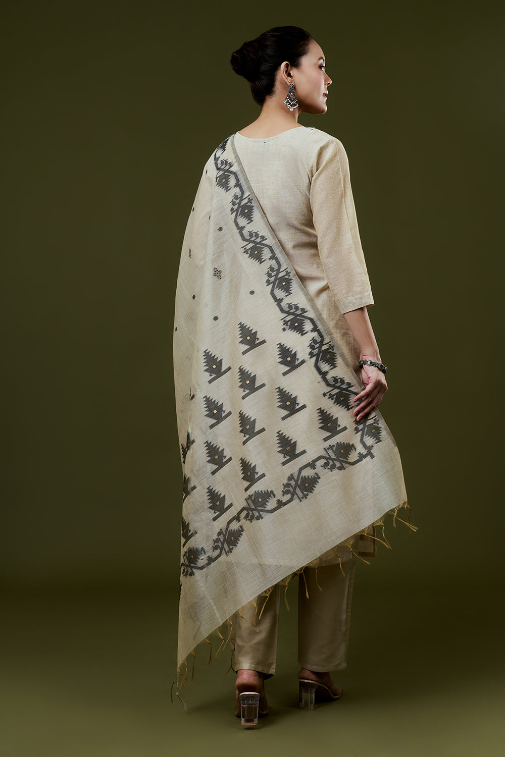 Dark Cream Khadi Silk Suit Set With French Knots Embroidery