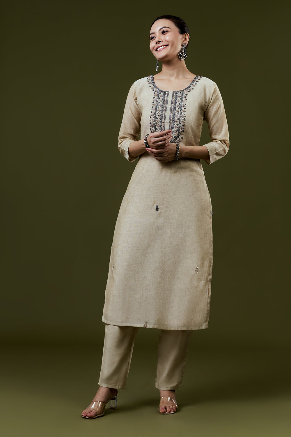 Dark Cream Khadi Silk Suit Set With French Knots Embroidery